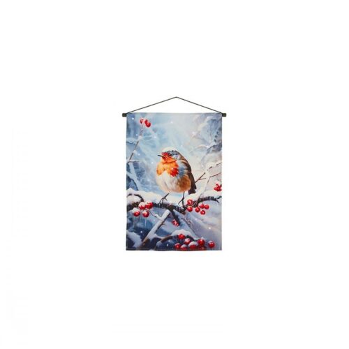 BO LIT ROBIN WINTER 60X40CM FABRIC BANNER TWINKLING 2024