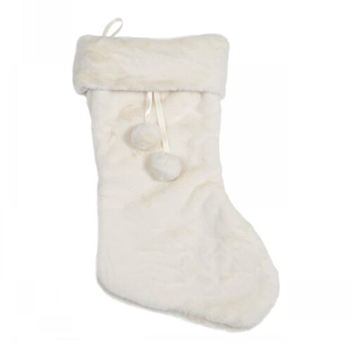 CHRISTMAS STOCKING WINTER WHITE FAUX FUR WITH POMPOMS